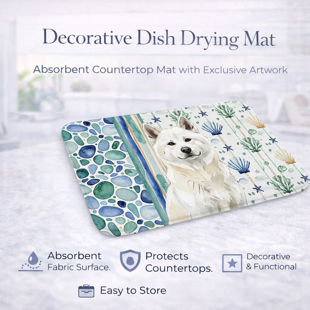 Picture of Carolines Treasures WDK6872DDM 21 x 14 in. White Akita Coastal Sea Glass Dish Drying Mat