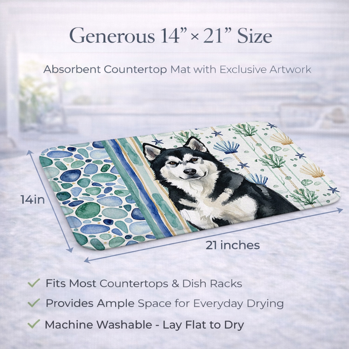 Picture of Carolines Treasures WDK6873DDM 21 x 14 in. Black & White Alaskan Malamute Coastal Sea Glass Dish Drying Mat