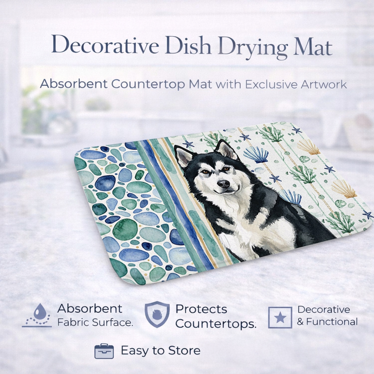 Picture of Carolines Treasures WDK6873DDM 21 x 14 in. Black & White Alaskan Malamute Coastal Sea Glass Dish Drying Mat