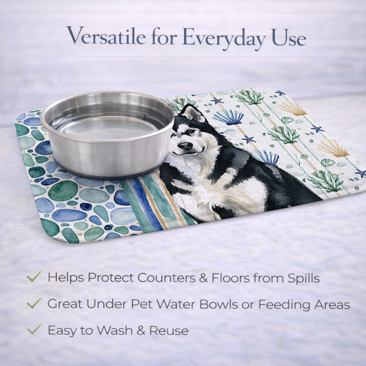 Picture of Carolines Treasures WDK6873DDM 21 x 14 in. Black & White Alaskan Malamute Coastal Sea Glass Dish Drying Mat