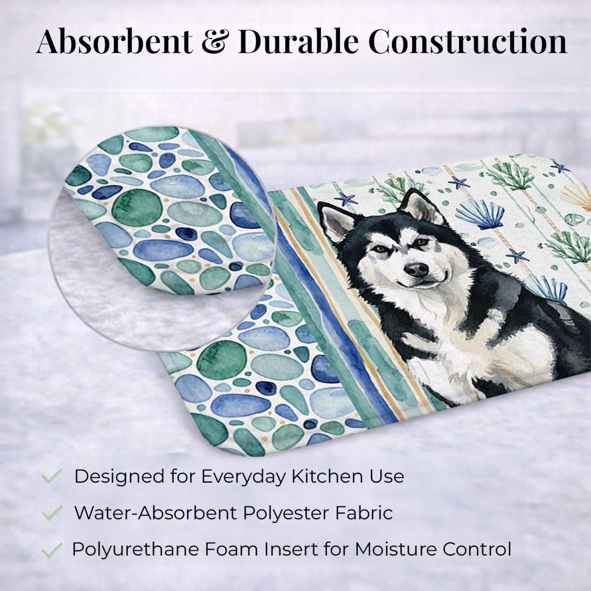 Picture of Carolines Treasures WDK6873DDM 21 x 14 in. Black & White Alaskan Malamute Coastal Sea Glass Dish Drying Mat