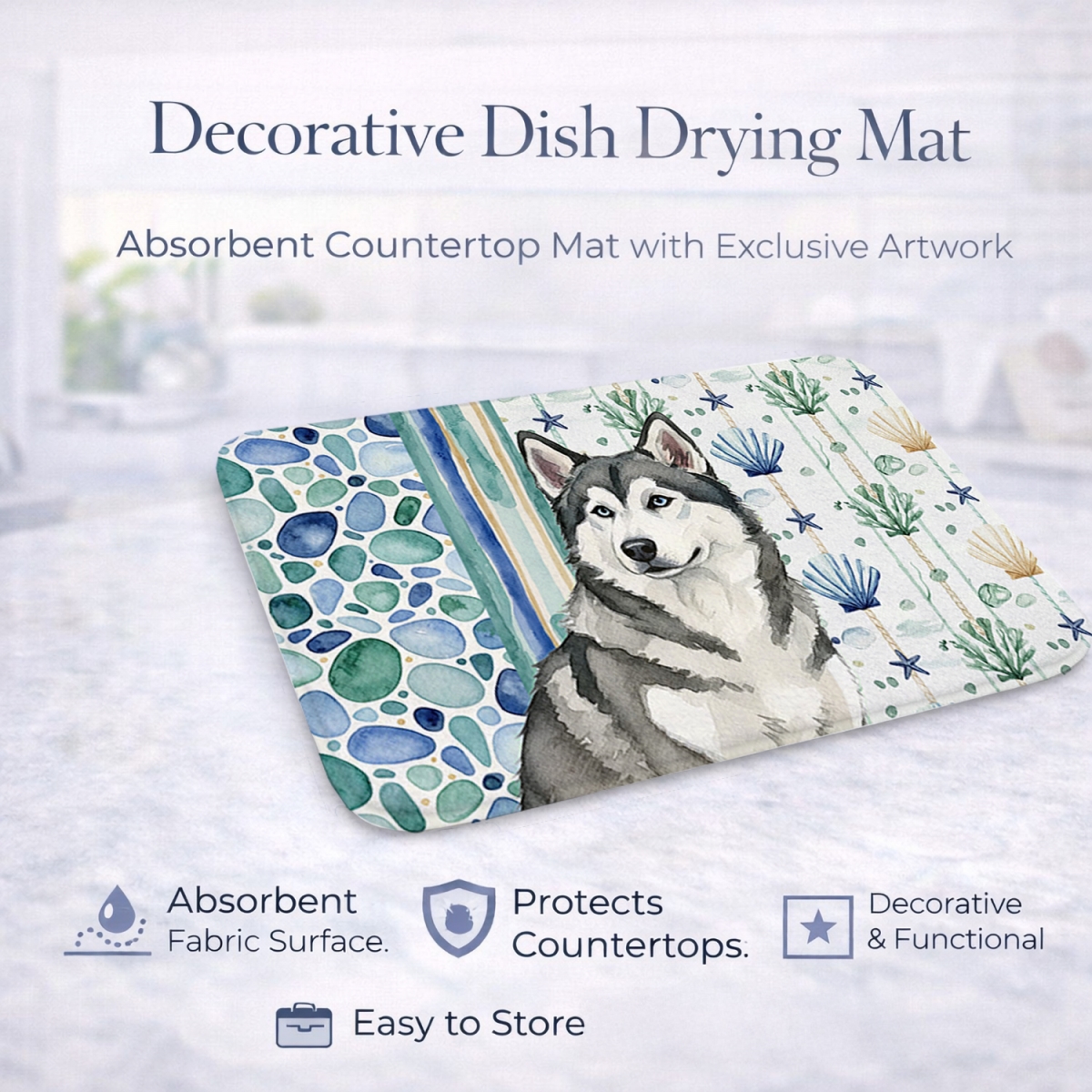 Picture of Carolines Treasures WDK6874DDM 21 x 14 in. Gray & White Alaskan Malamute Coastal Sea Glass Dish Drying Mat