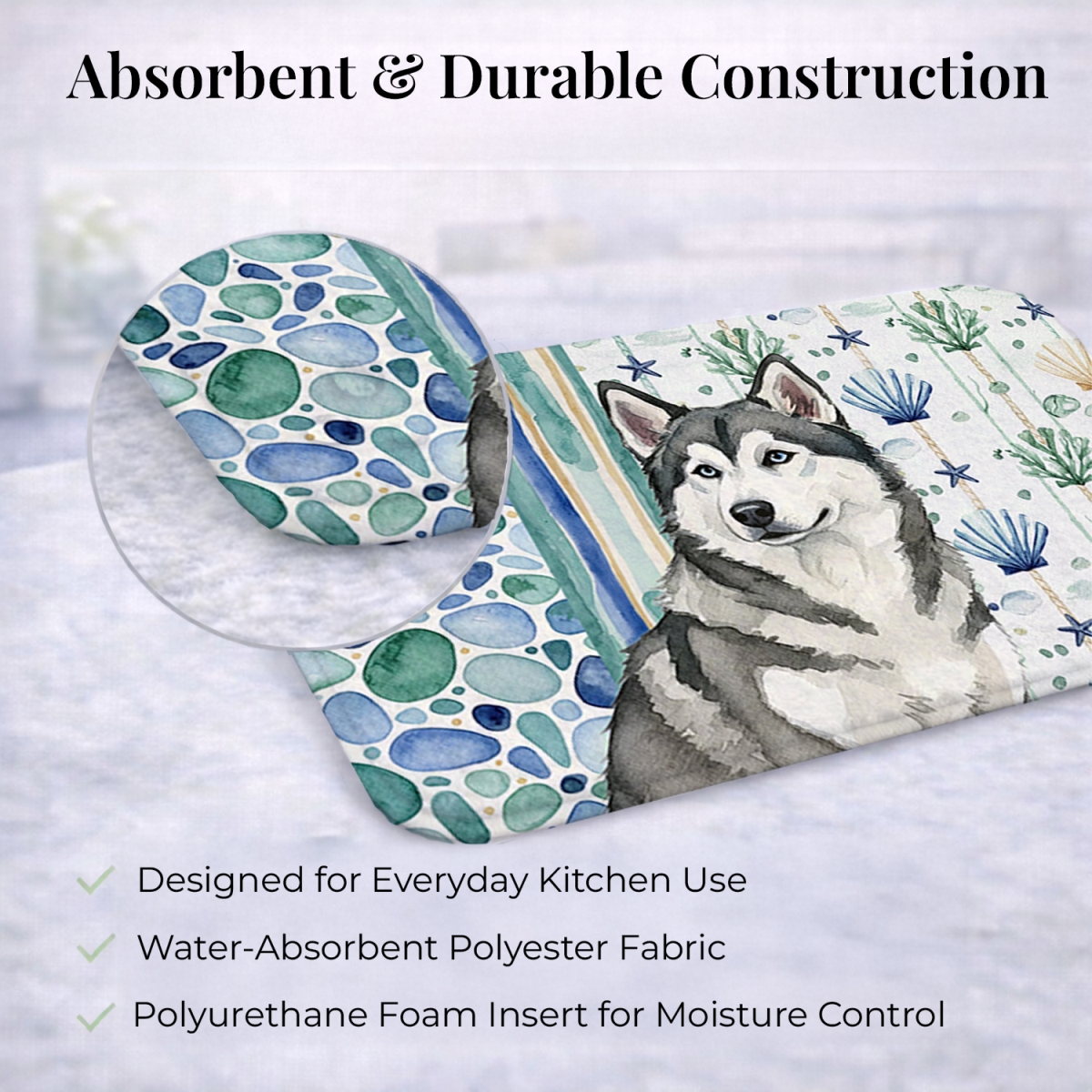 Picture of Carolines Treasures WDK6874DDM 21 x 14 in. Gray & White Alaskan Malamute Coastal Sea Glass Dish Drying Mat