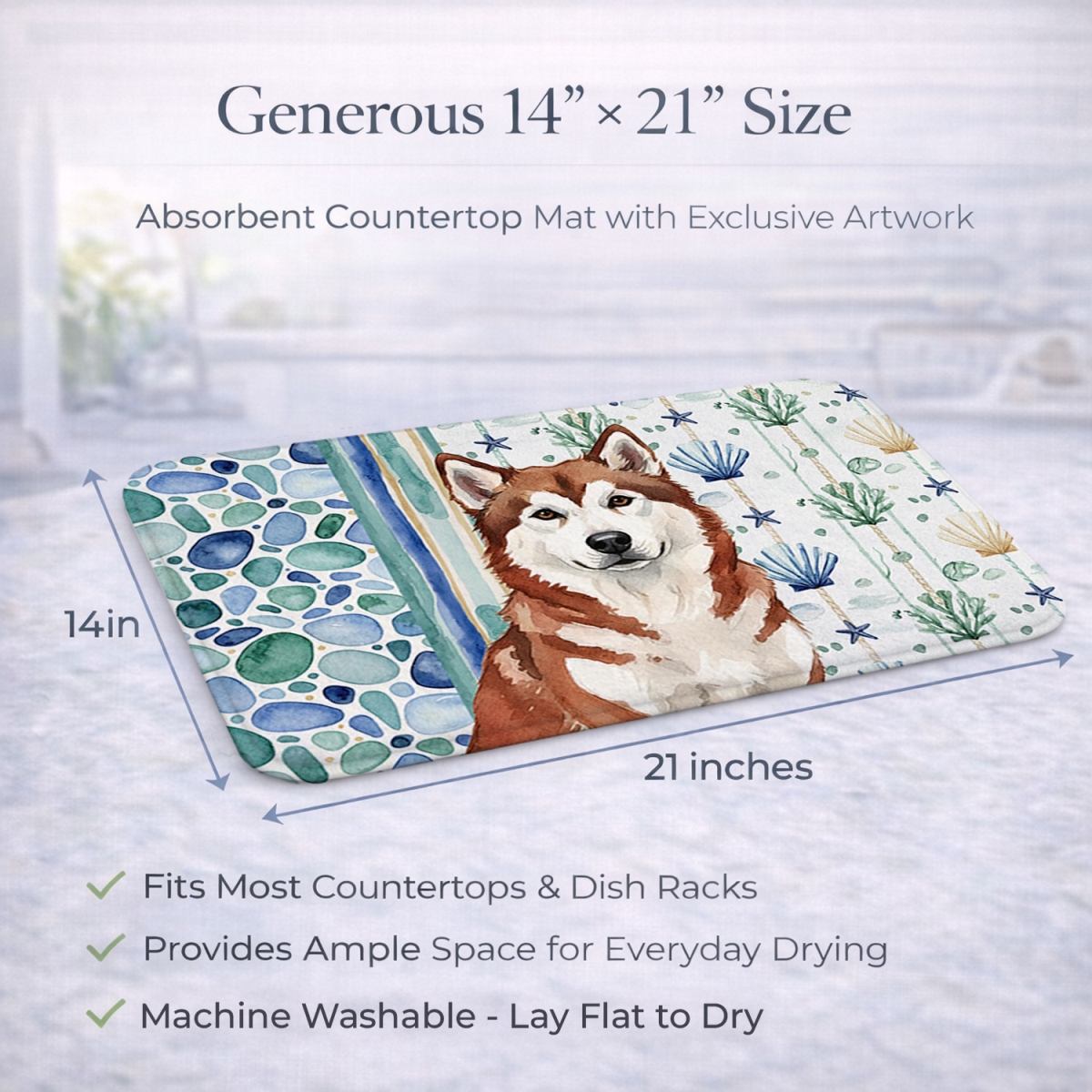 Picture of Carolines Treasures WDK6875DDM 21 x 14 in. Red & White Alaskan Malamute Coastal Sea Glass Dish Drying Mat