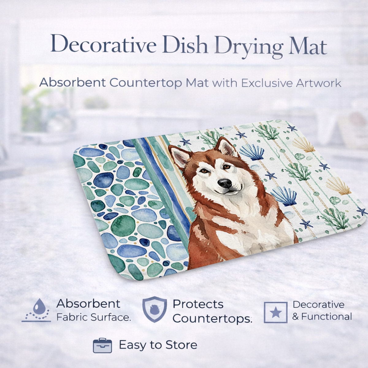 Picture of Carolines Treasures WDK6875DDM 21 x 14 in. Red & White Alaskan Malamute Coastal Sea Glass Dish Drying Mat