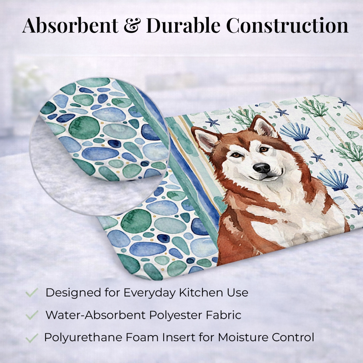 Picture of Carolines Treasures WDK6875DDM 21 x 14 in. Red & White Alaskan Malamute Coastal Sea Glass Dish Drying Mat