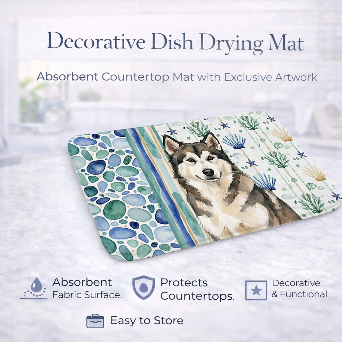 Picture of Carolines Treasures WDK6876DDM 21 x 14 in. Sable & White Alaskan Malamute Coastal Sea Glass Dish Drying Mat