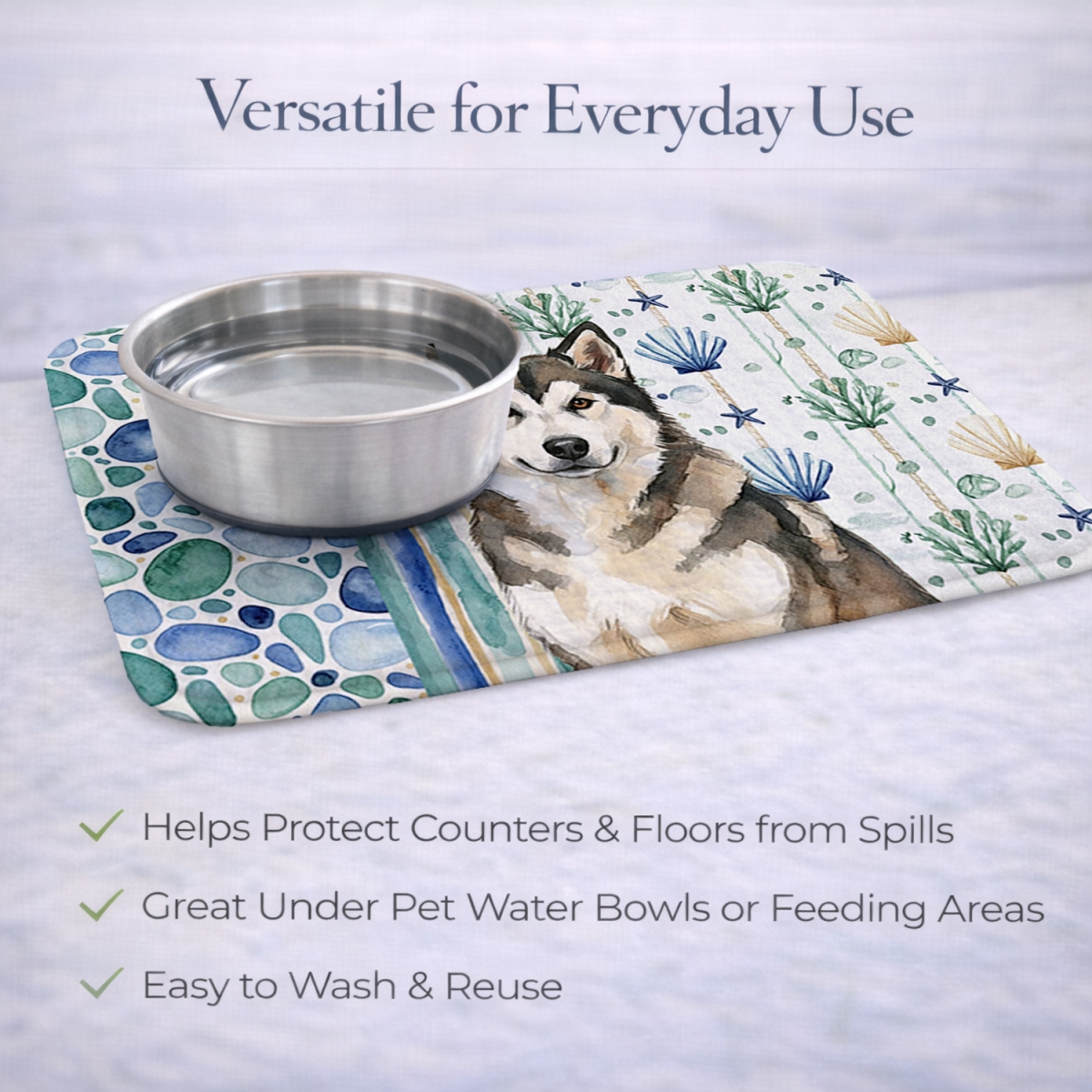 Picture of Carolines Treasures WDK6876DDM 21 x 14 in. Sable & White Alaskan Malamute Coastal Sea Glass Dish Drying Mat