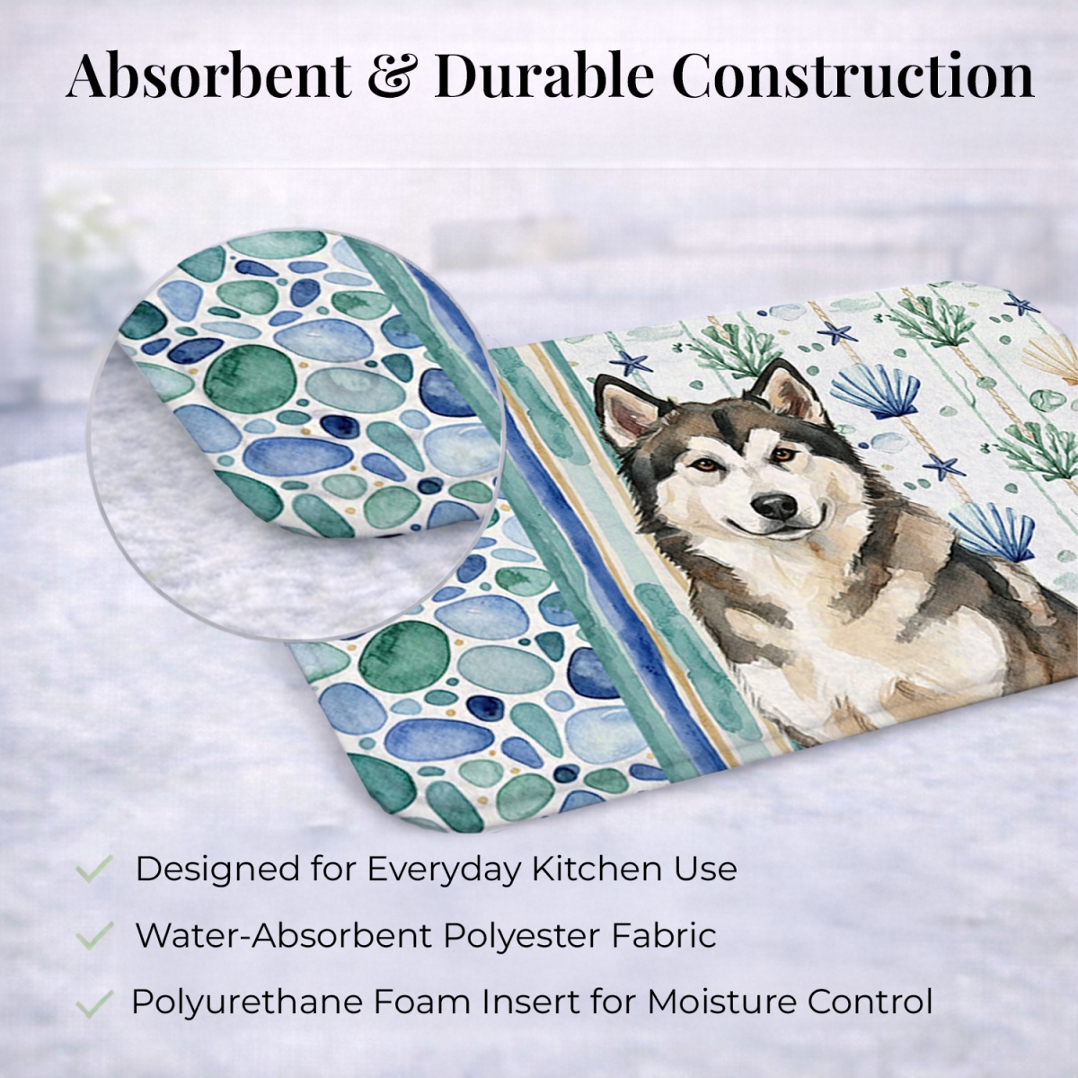 Picture of Carolines Treasures WDK6876DDM 21 x 14 in. Sable & White Alaskan Malamute Coastal Sea Glass Dish Drying Mat