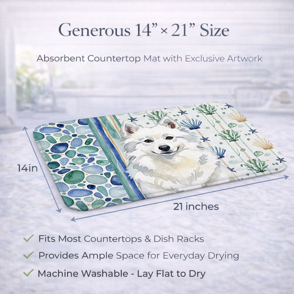 Picture of Carolines Treasures WDK6877DDM 21 x 14 in. American Eskimo Coastal Sea Glass Dish Drying Mat