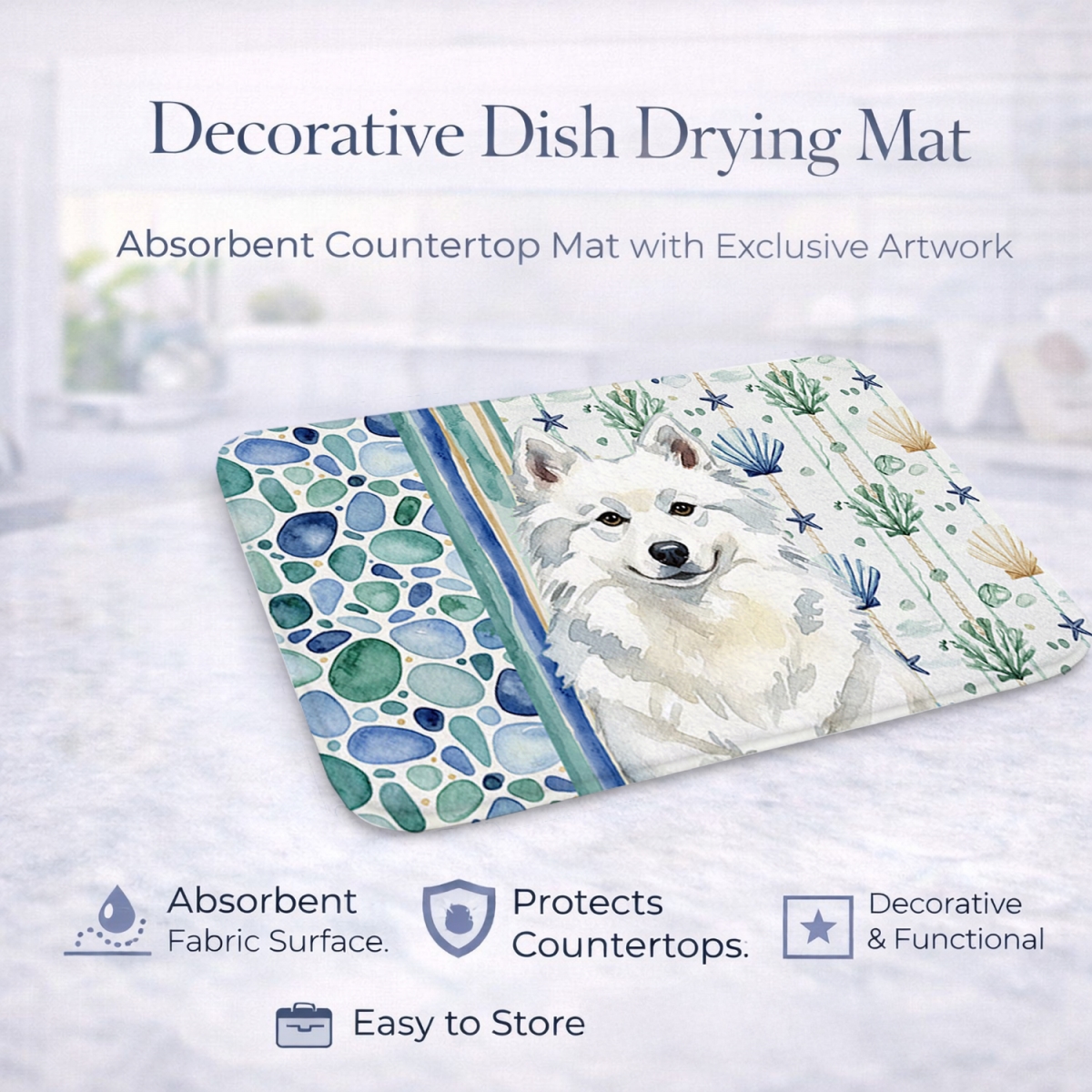 Picture of Carolines Treasures WDK6877DDM 21 x 14 in. American Eskimo Coastal Sea Glass Dish Drying Mat