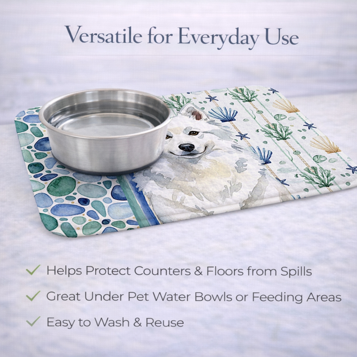 Picture of Carolines Treasures WDK6877DDM 21 x 14 in. American Eskimo Coastal Sea Glass Dish Drying Mat