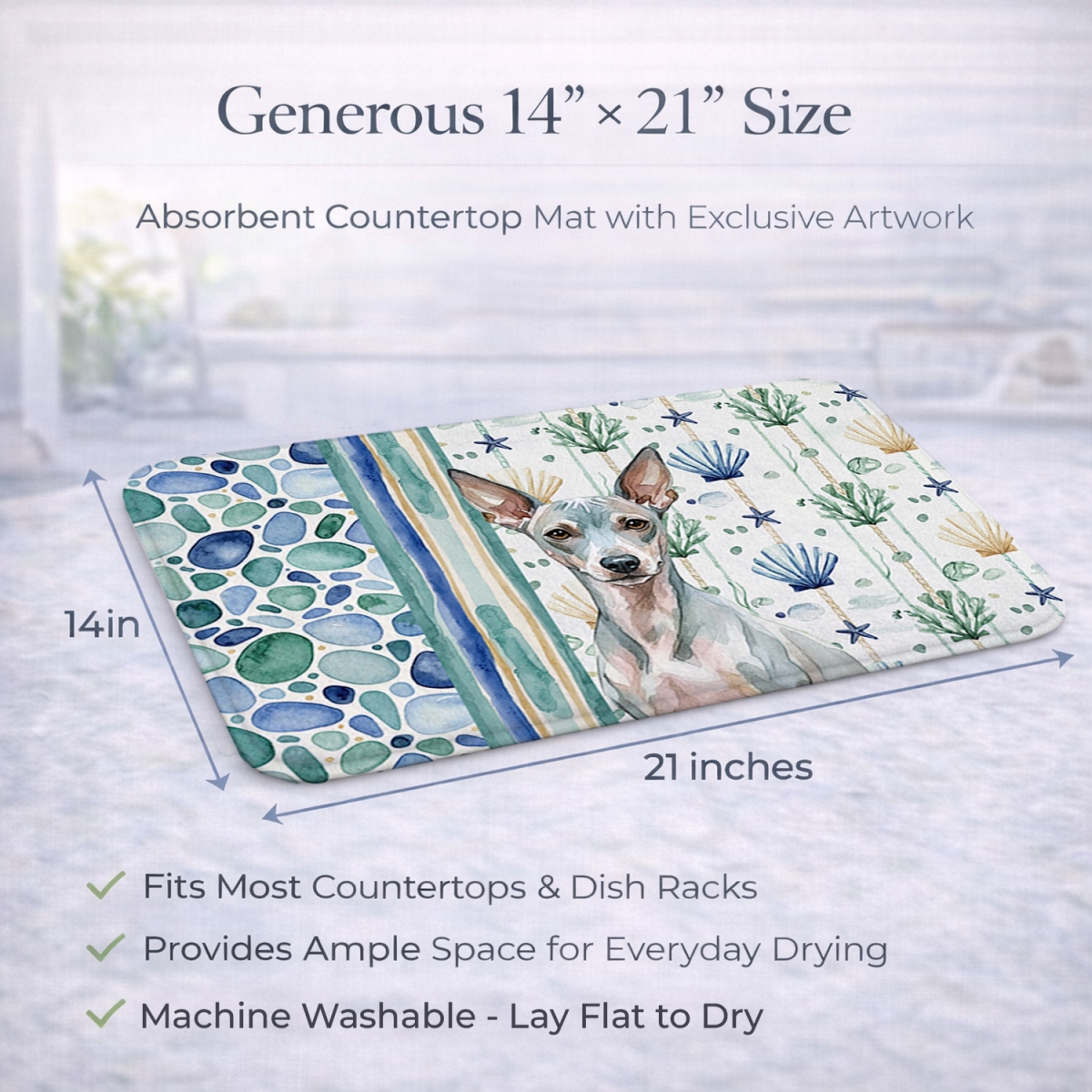 Picture of Carolines Treasures WDK6878DDM 21 x 14 in. American Hairless Terrier Coastal Sea Glass Dish Drying Mat