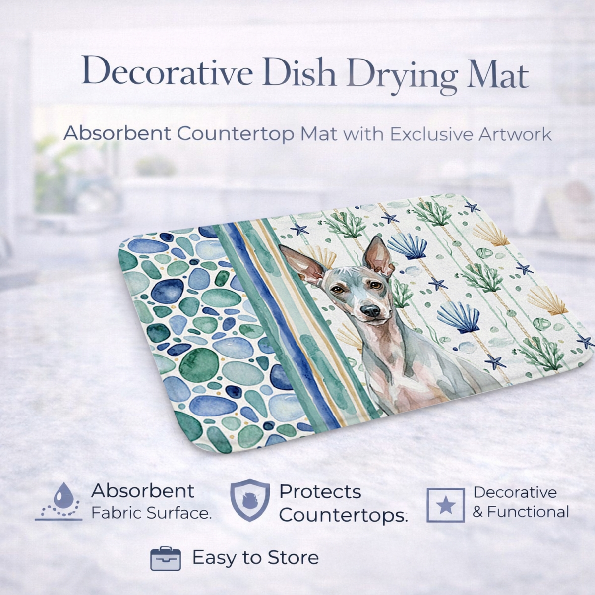 Picture of Carolines Treasures WDK6878DDM 21 x 14 in. American Hairless Terrier Coastal Sea Glass Dish Drying Mat