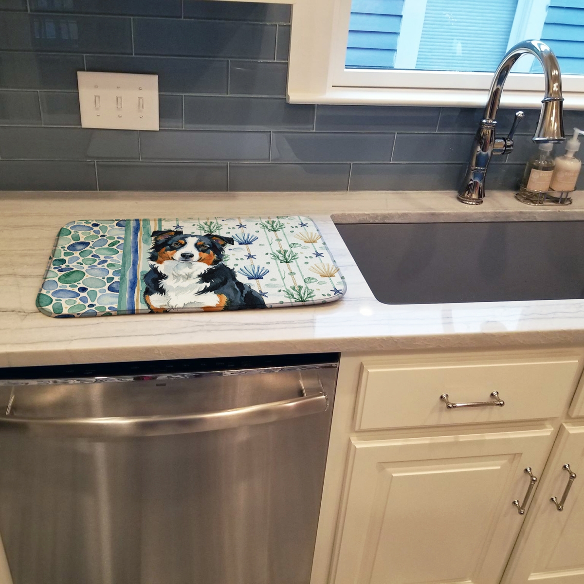 Picture of Carolines Treasures WDK6879DDM 21 x 14 in. Black Tri American Shepherd Coastal Sea Glass Dish Drying Mat