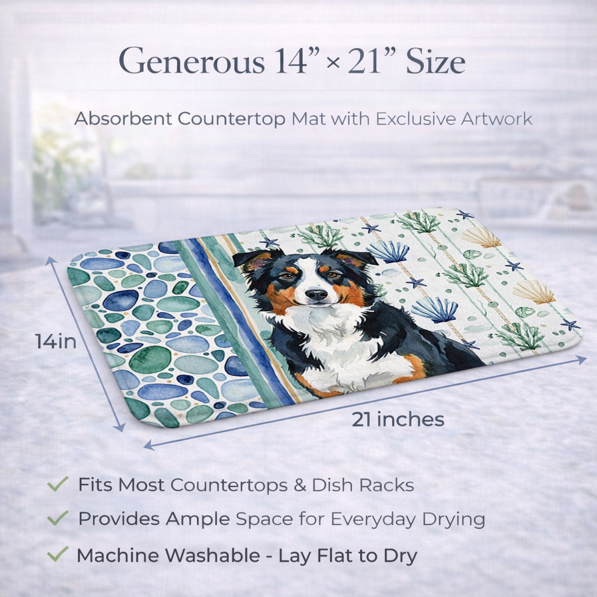 Picture of Carolines Treasures WDK6879DDM 21 x 14 in. Black Tri American Shepherd Coastal Sea Glass Dish Drying Mat