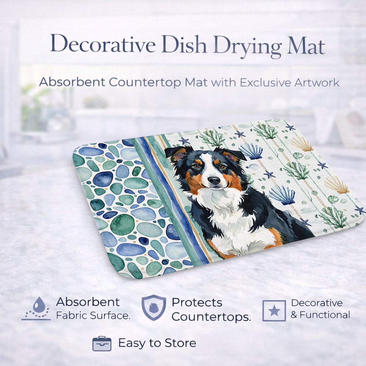 Picture of Carolines Treasures WDK6879DDM 21 x 14 in. Black Tri American Shepherd Coastal Sea Glass Dish Drying Mat
