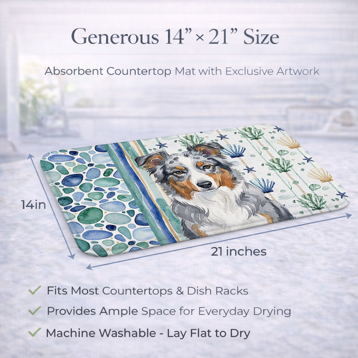 Picture of Carolines Treasures WDK6880DDM 21 x 14 in. Blue Merle American Shepherd Coastal Sea Glass Dish Drying Mat