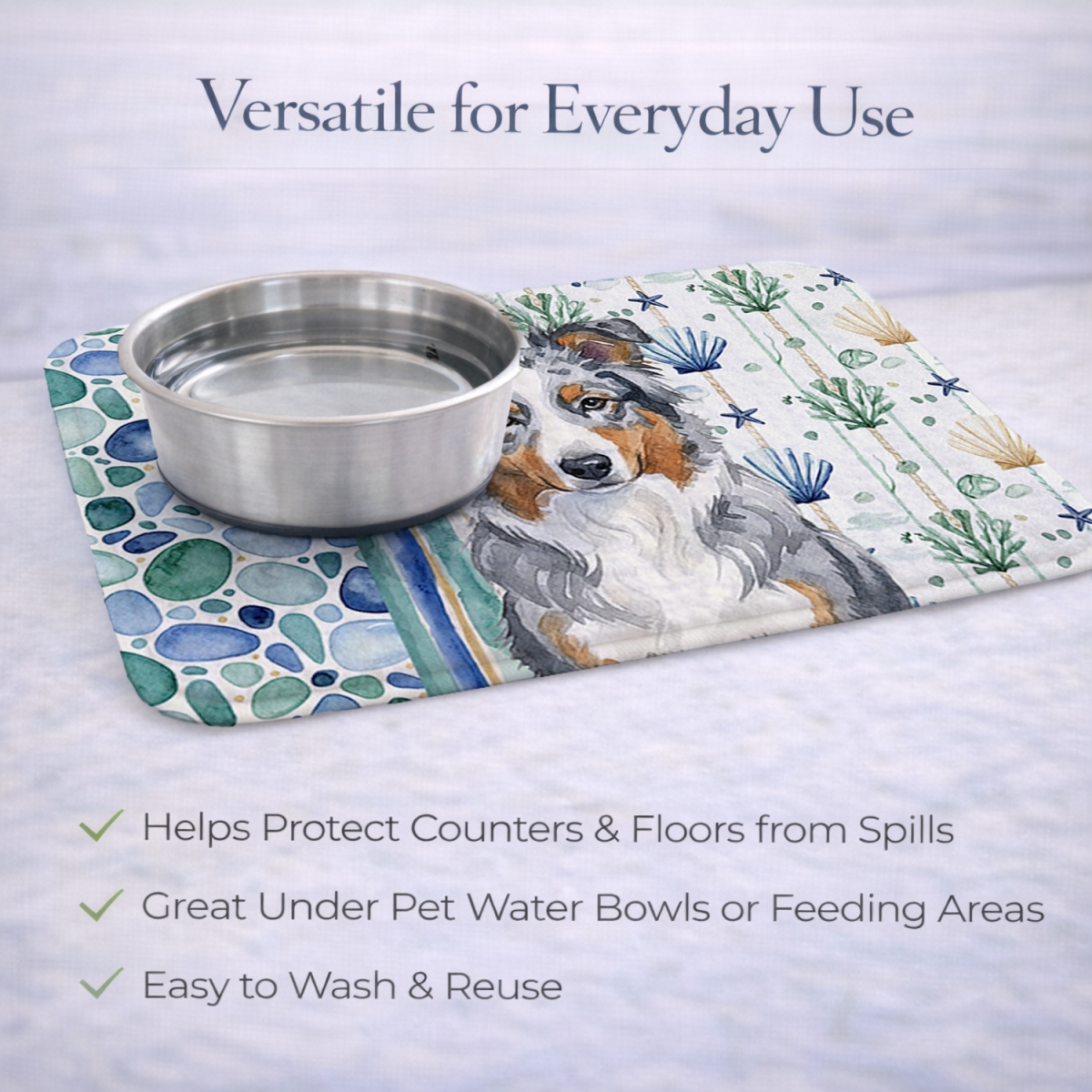 Picture of Carolines Treasures WDK6880DDM 21 x 14 in. Blue Merle American Shepherd Coastal Sea Glass Dish Drying Mat