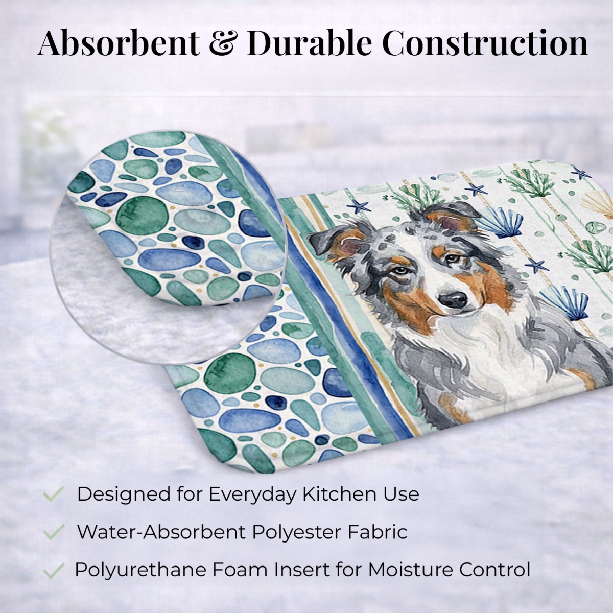 Picture of Carolines Treasures WDK6880DDM 21 x 14 in. Blue Merle American Shepherd Coastal Sea Glass Dish Drying Mat