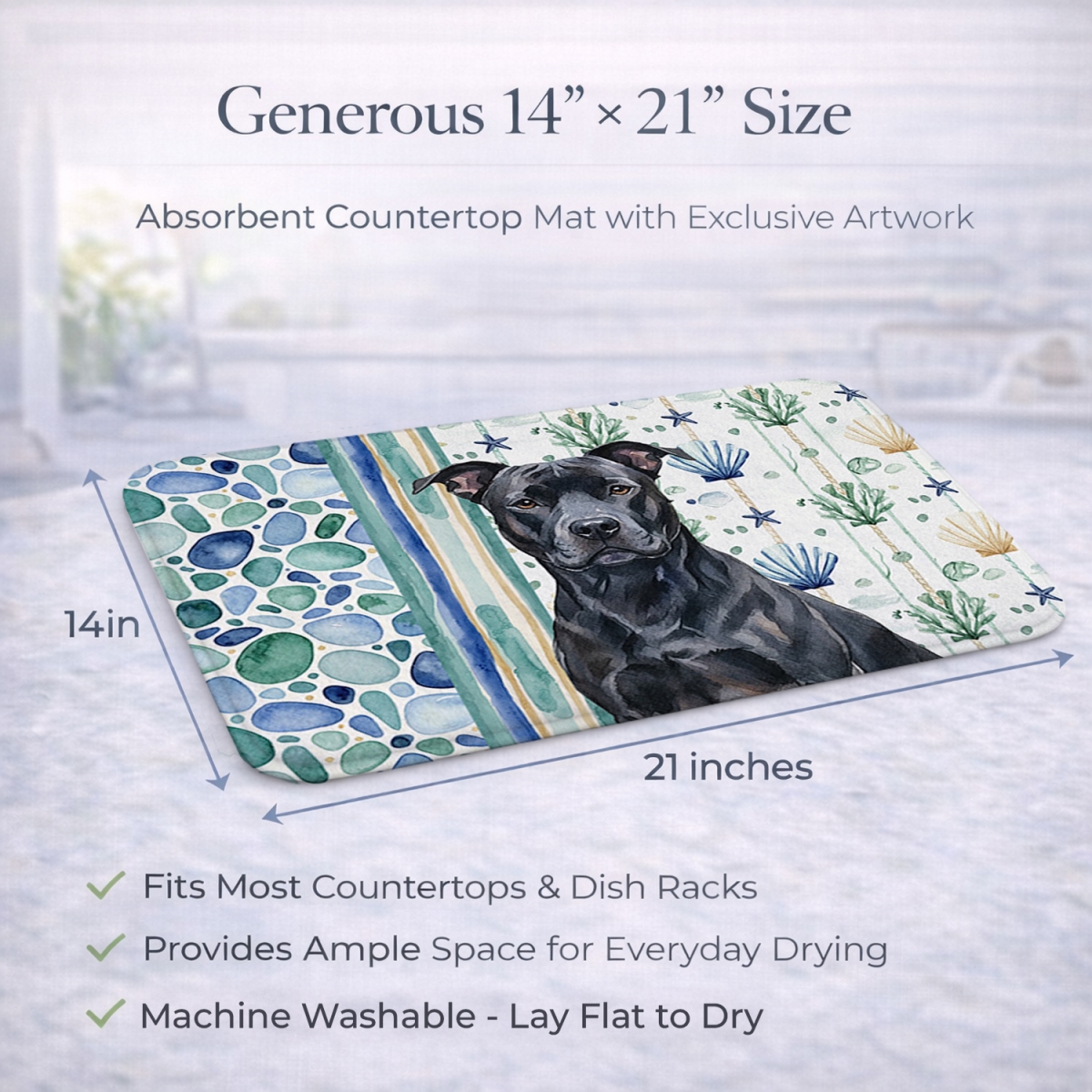 Picture of Carolines Treasures WDK6881DDM 21 x 14 in. Black American Staffordshire Terrier Coastal Sea Glass Dish Drying Mat