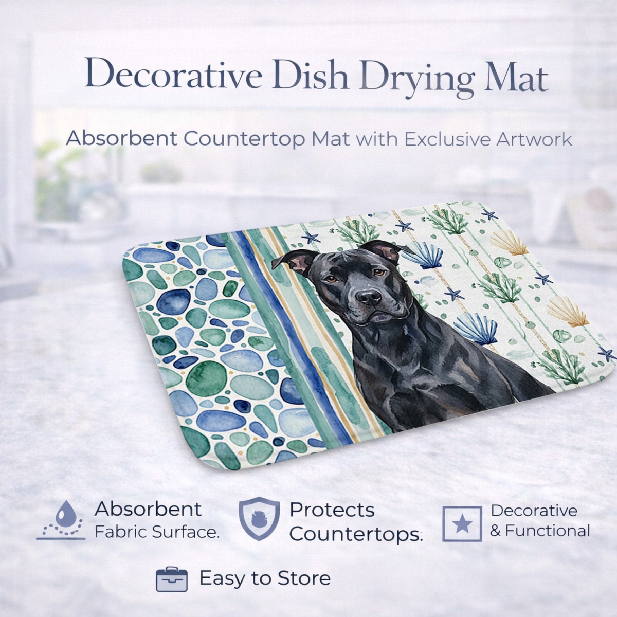 Picture of Carolines Treasures WDK6881DDM 21 x 14 in. Black American Staffordshire Terrier Coastal Sea Glass Dish Drying Mat