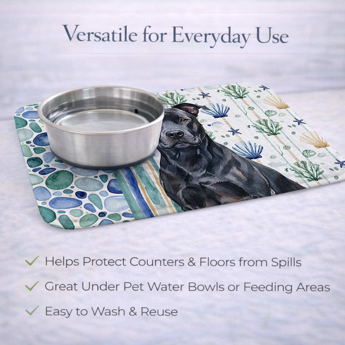 Picture of Carolines Treasures WDK6881DDM 21 x 14 in. Black American Staffordshire Terrier Coastal Sea Glass Dish Drying Mat
