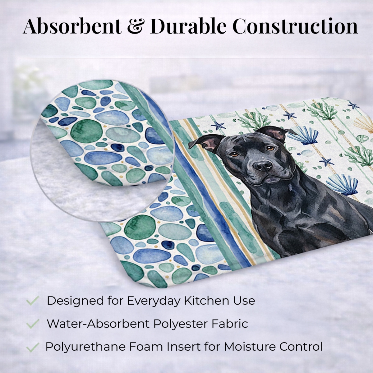 Picture of Carolines Treasures WDK6881DDM 21 x 14 in. Black American Staffordshire Terrier Coastal Sea Glass Dish Drying Mat