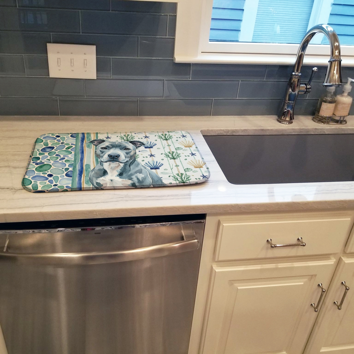 Picture of Carolines Treasures WDK6882DDM 21 x 14 in. Blue American Staffordshire Terrier Coastal Sea Glass Dish Drying Mat