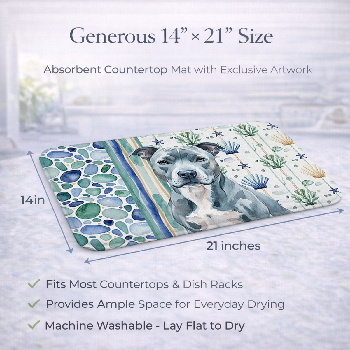 Picture of Carolines Treasures WDK6882DDM 21 x 14 in. Blue American Staffordshire Terrier Coastal Sea Glass Dish Drying Mat