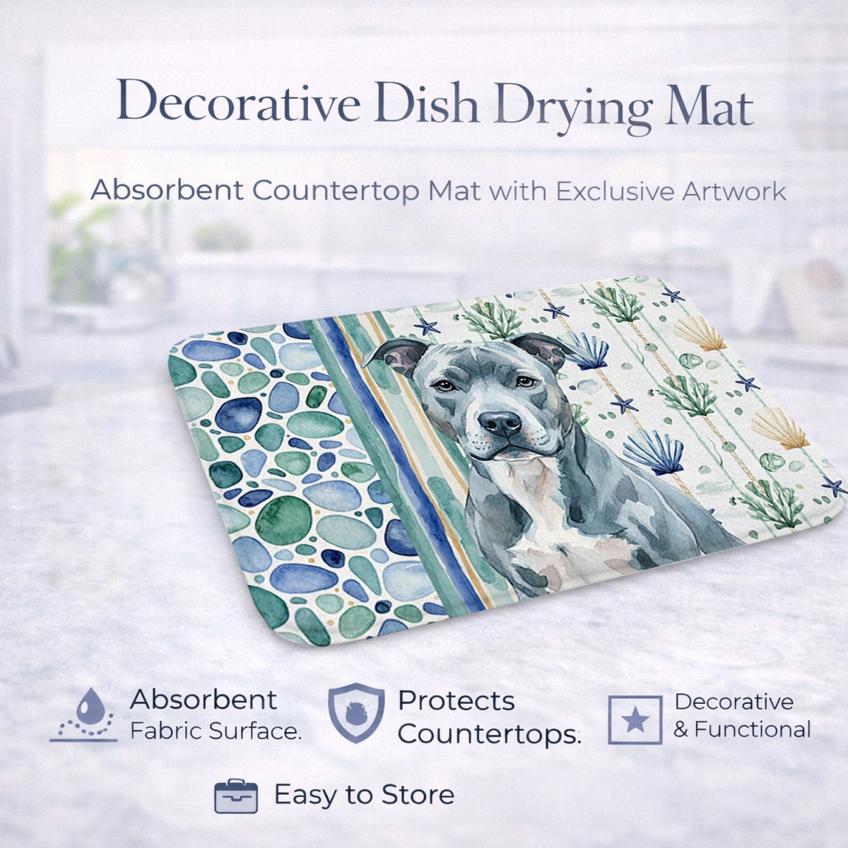 Picture of Carolines Treasures WDK6882DDM 21 x 14 in. Blue American Staffordshire Terrier Coastal Sea Glass Dish Drying Mat