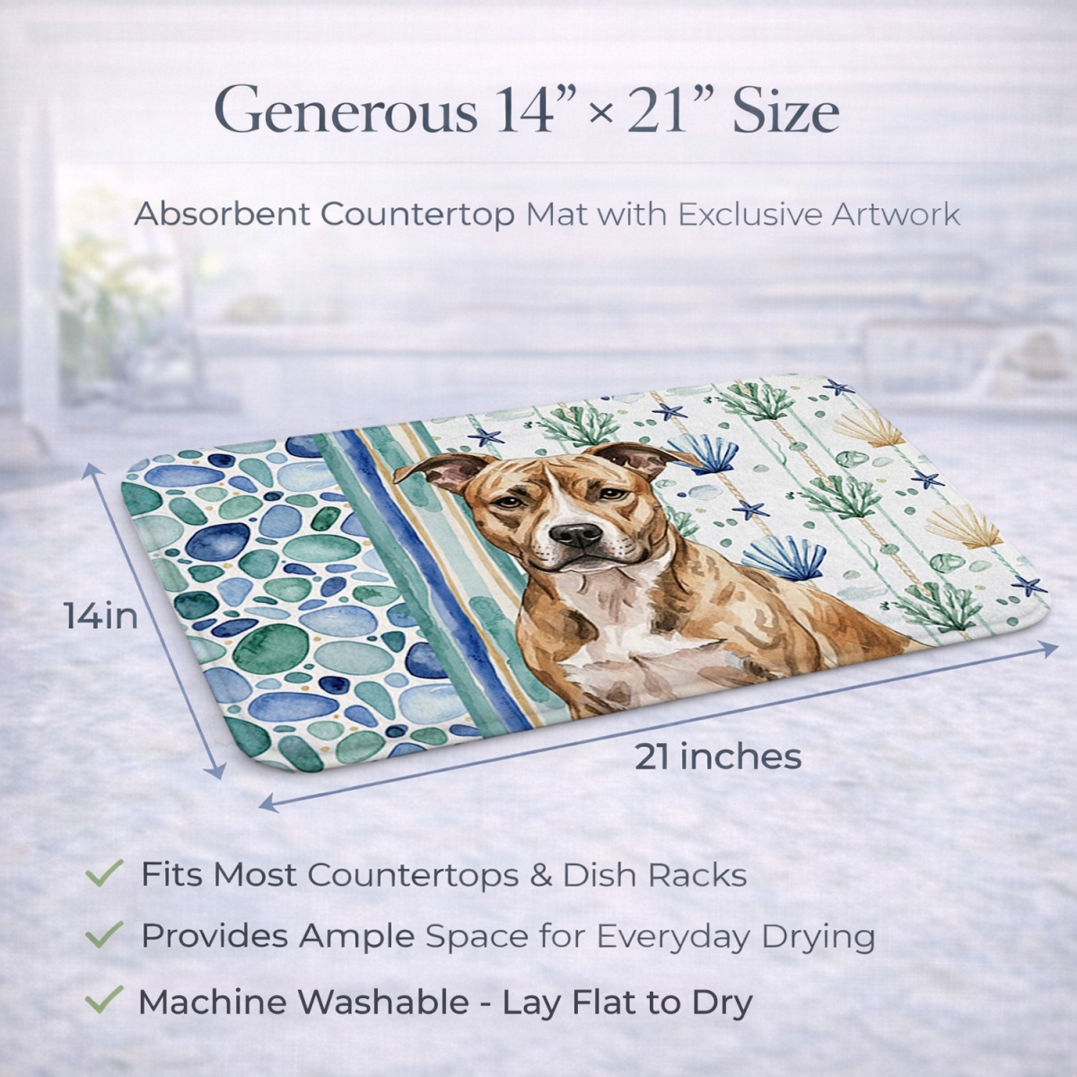 Picture of Carolines Treasures WDK6883DDM 21 x 14 in. Brindle American Staffordshire Terrier Coastal Sea Glass Dish Drying Mat