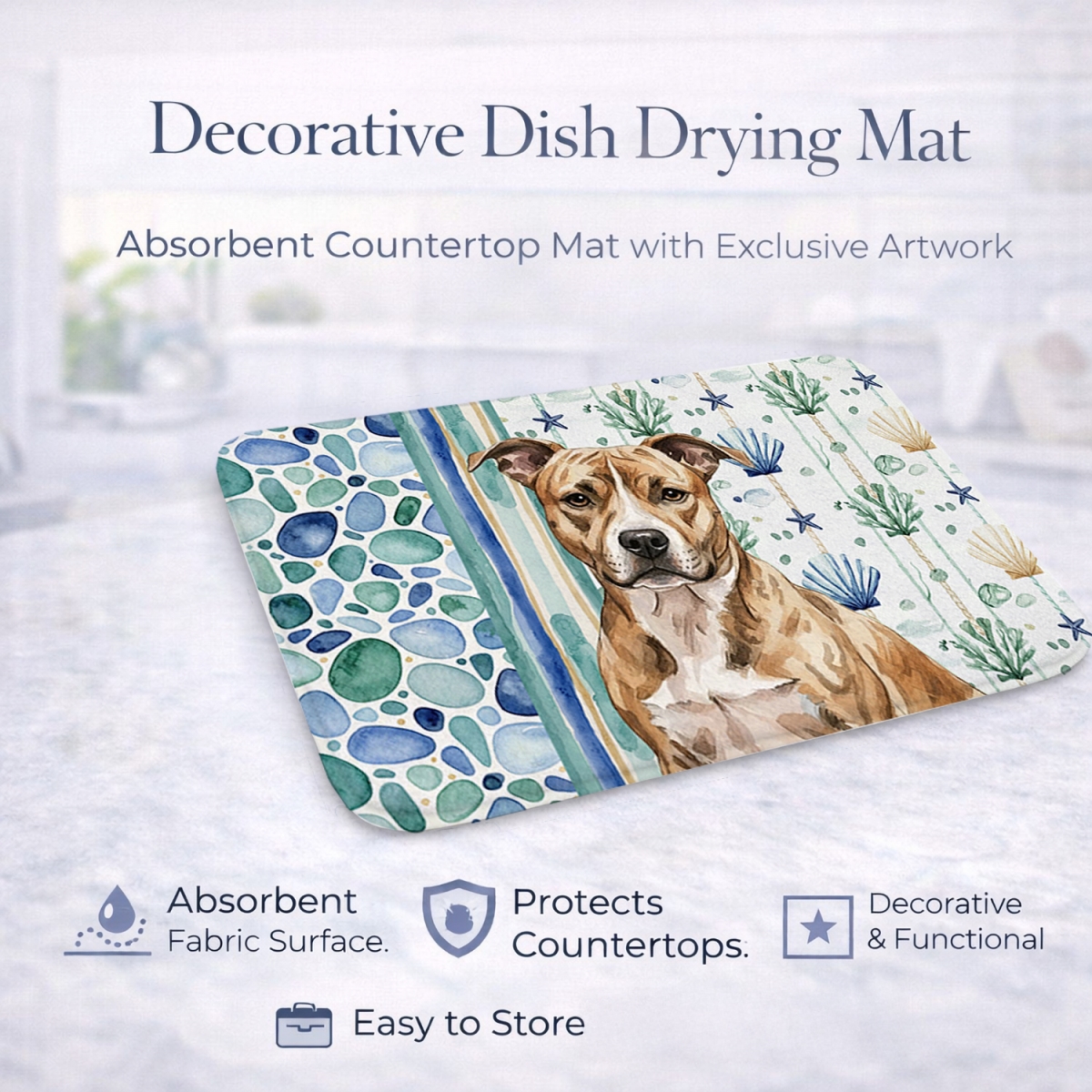 Picture of Carolines Treasures WDK6883DDM 21 x 14 in. Brindle American Staffordshire Terrier Coastal Sea Glass Dish Drying Mat
