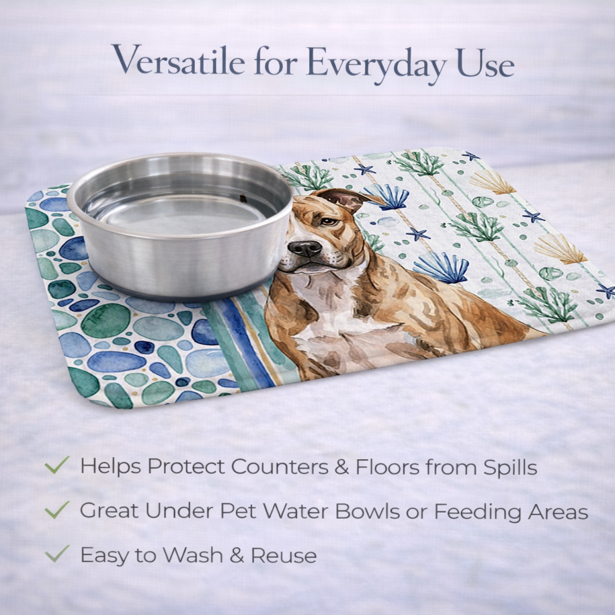 Picture of Carolines Treasures WDK6883DDM 21 x 14 in. Brindle American Staffordshire Terrier Coastal Sea Glass Dish Drying Mat