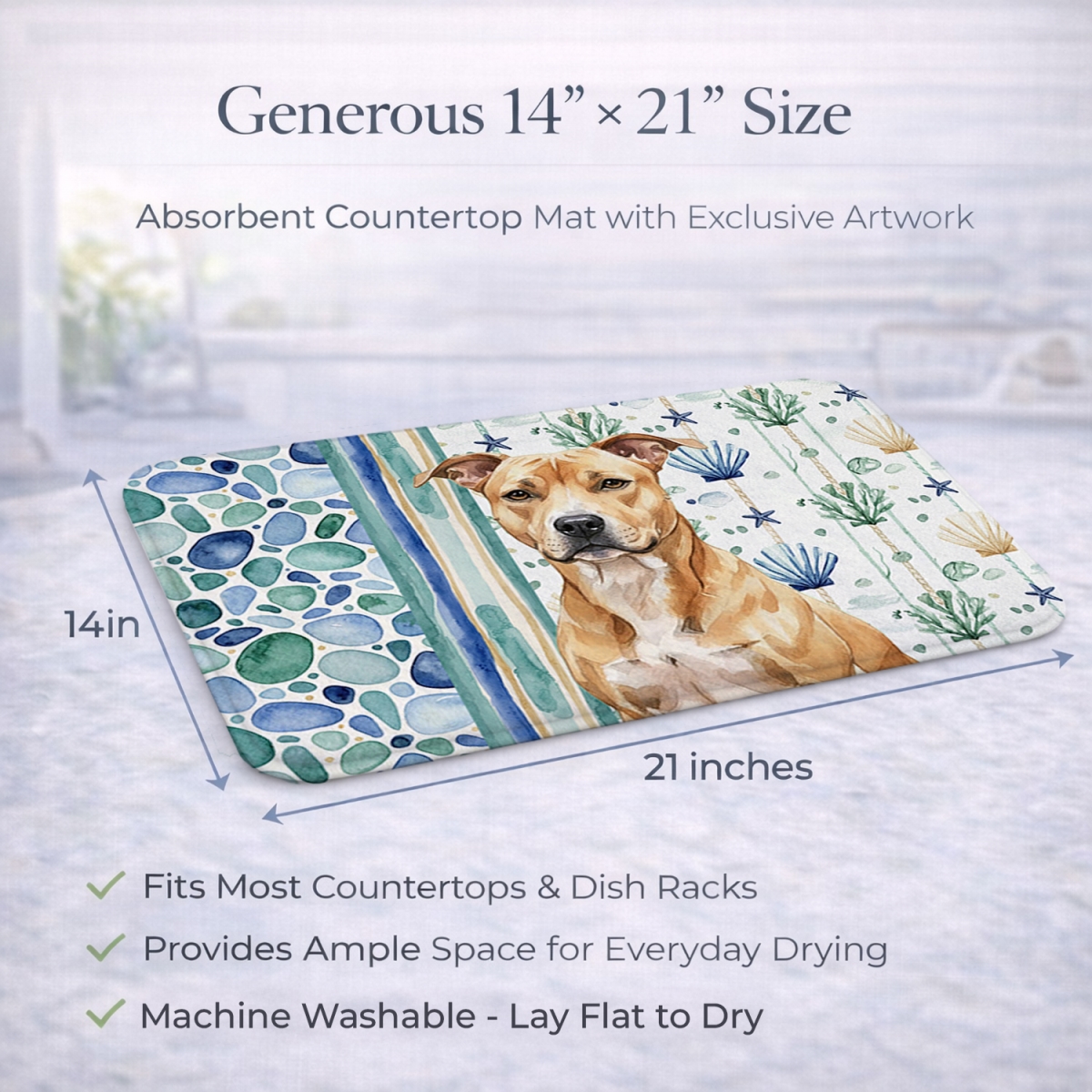 Picture of Carolines Treasures WDK6884DDM 21 x 14 in. Fawn American Staffordshire Terrier Coastal Sea Glass Dish Drying Mat