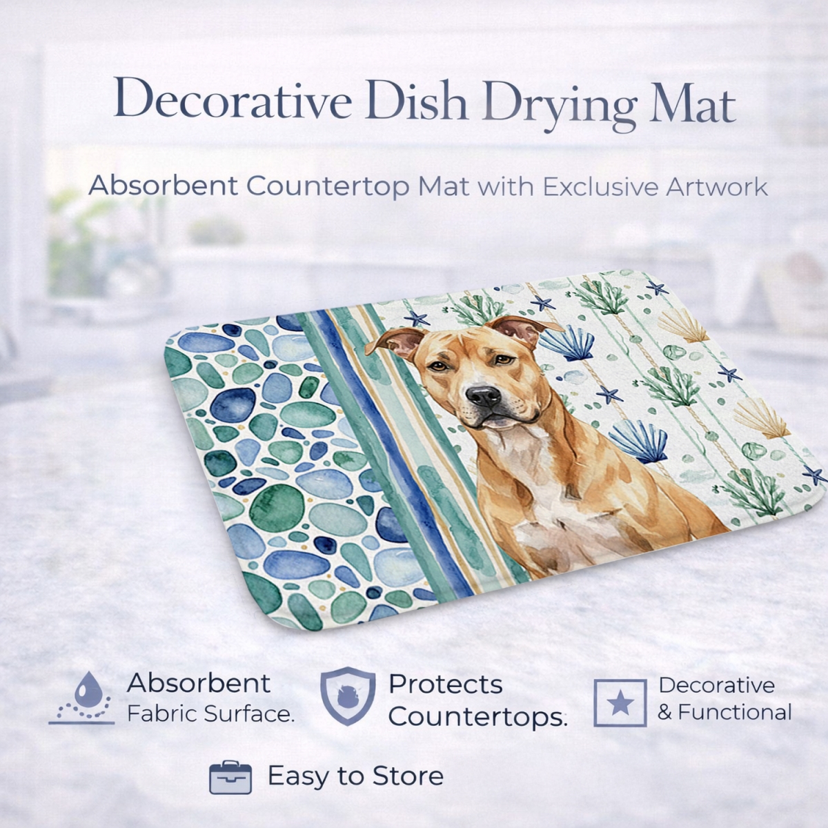 Picture of Carolines Treasures WDK6884DDM 21 x 14 in. Fawn American Staffordshire Terrier Coastal Sea Glass Dish Drying Mat