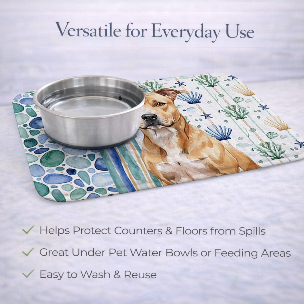 Picture of Carolines Treasures WDK6884DDM 21 x 14 in. Fawn American Staffordshire Terrier Coastal Sea Glass Dish Drying Mat