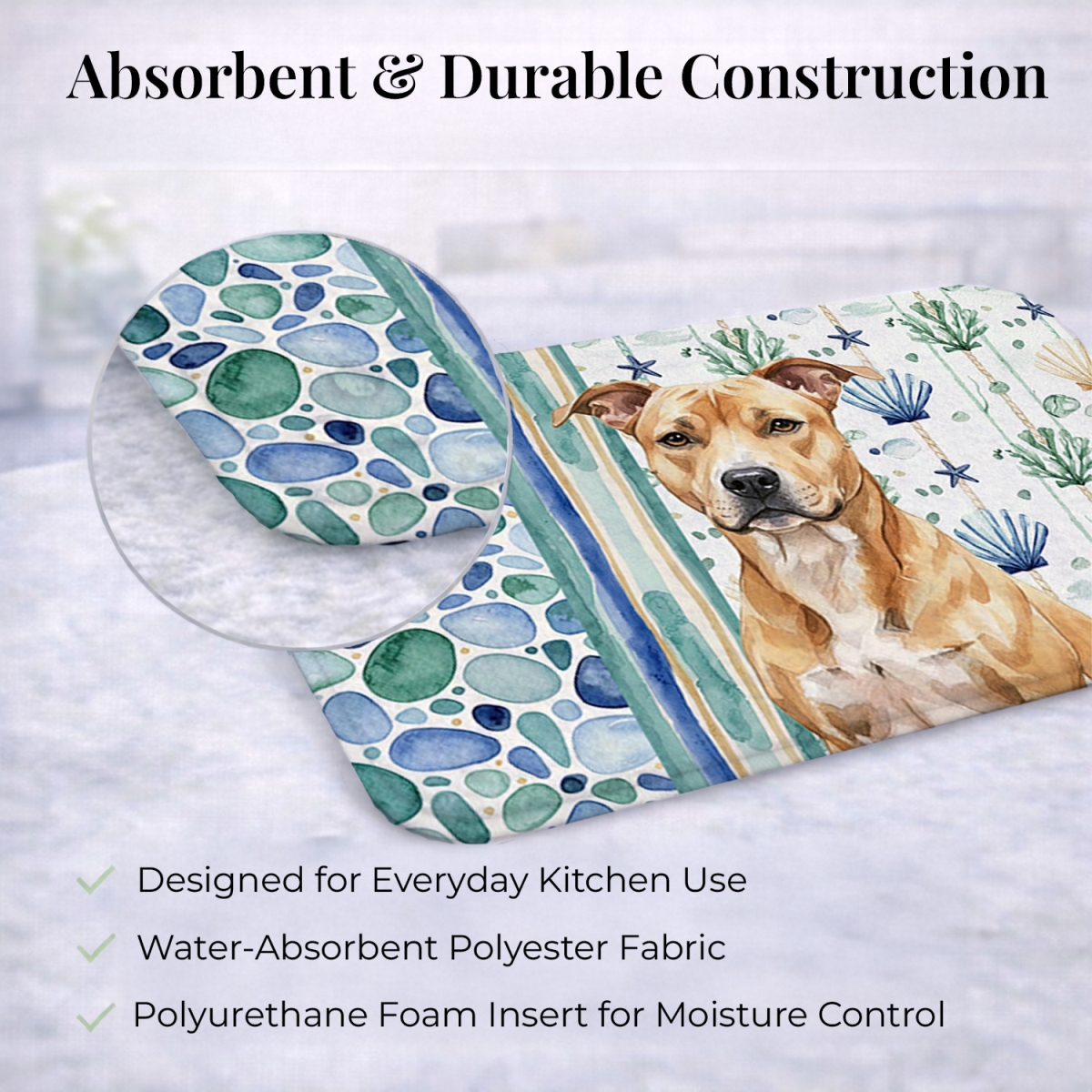Picture of Carolines Treasures WDK6884DDM 21 x 14 in. Fawn American Staffordshire Terrier Coastal Sea Glass Dish Drying Mat