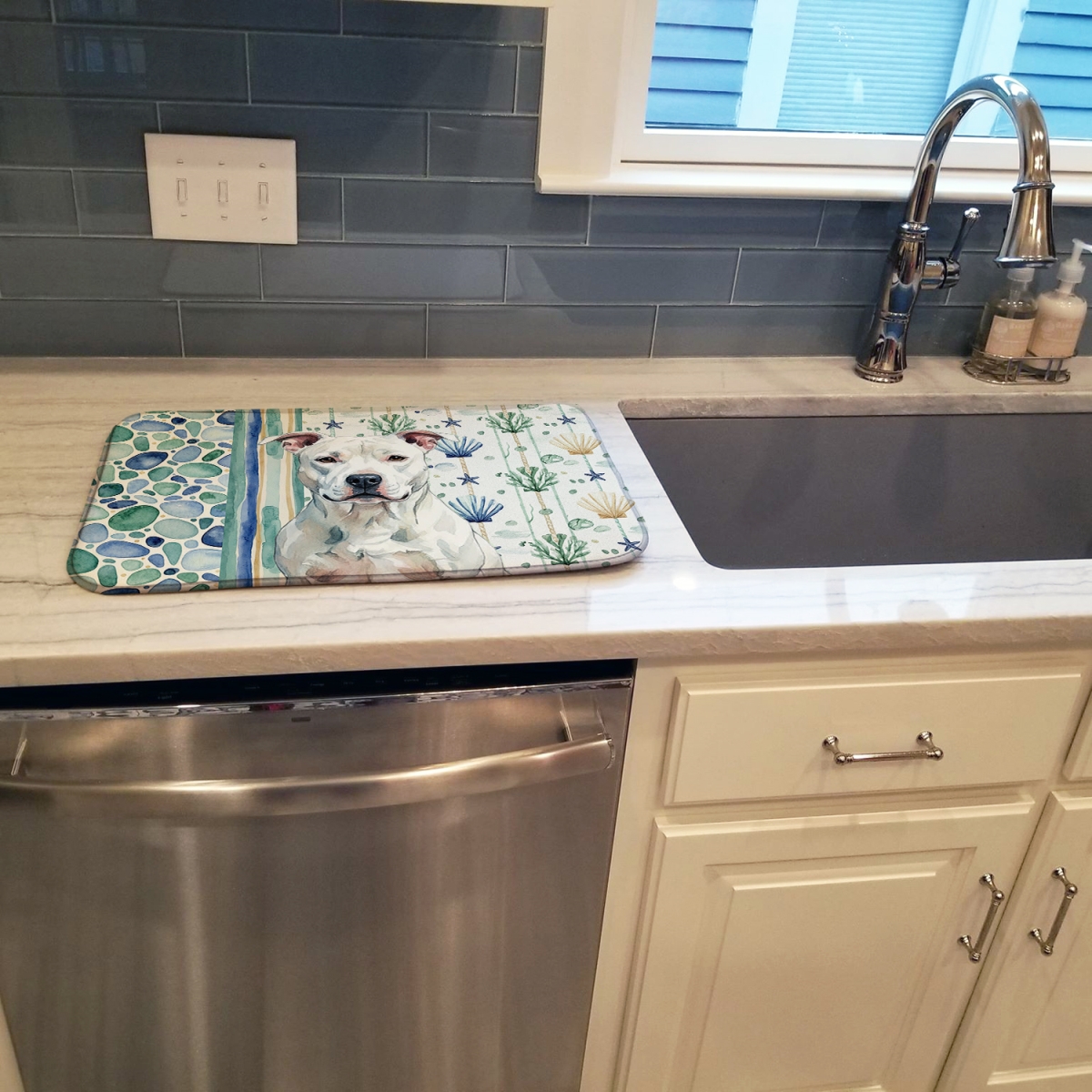 Picture of Carolines Treasures WDK6885DDM 21 x 14 in. White American Staffordshire Terrier Coastal Sea Glass Dish Drying Mat