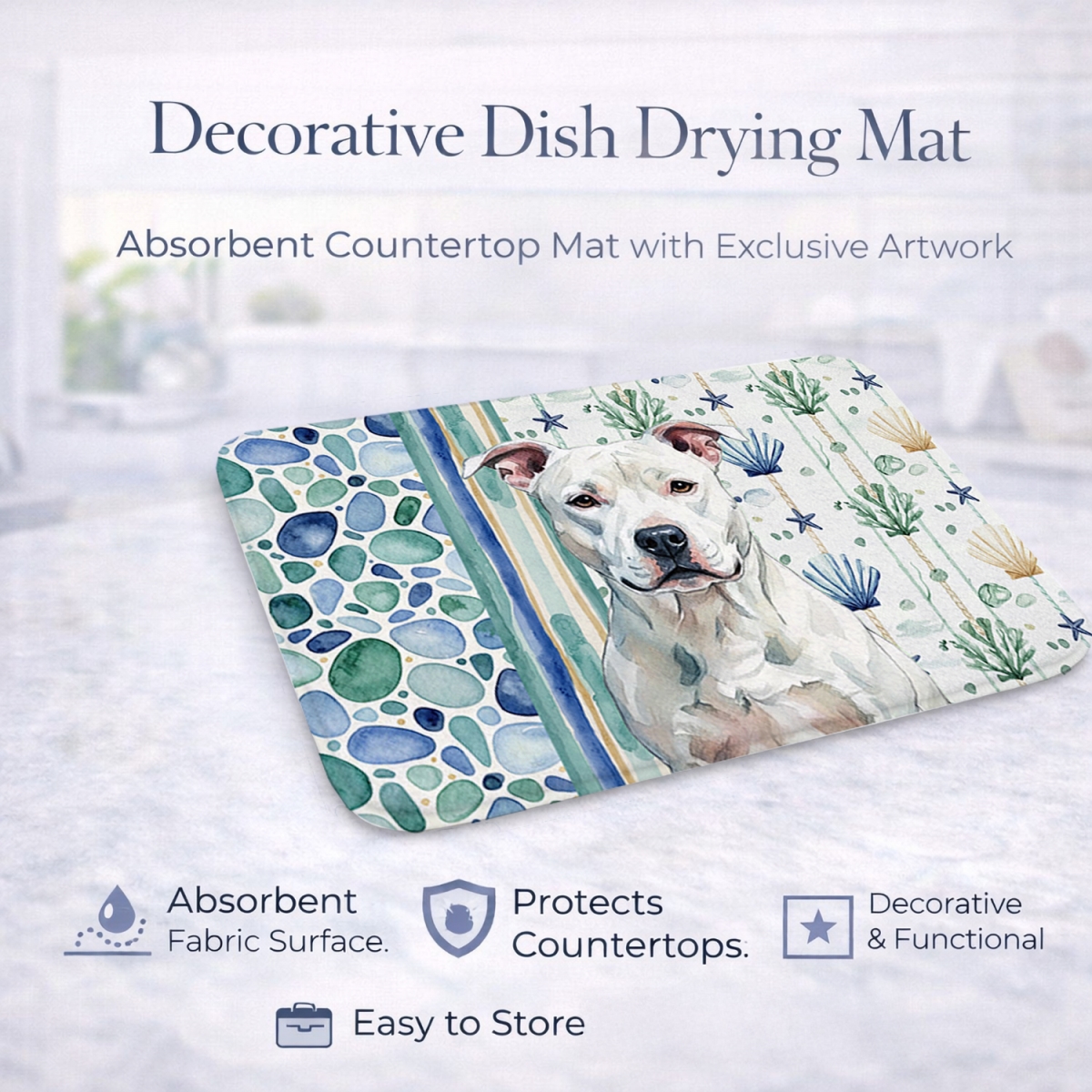 Picture of Carolines Treasures WDK6885DDM 21 x 14 in. White American Staffordshire Terrier Coastal Sea Glass Dish Drying Mat
