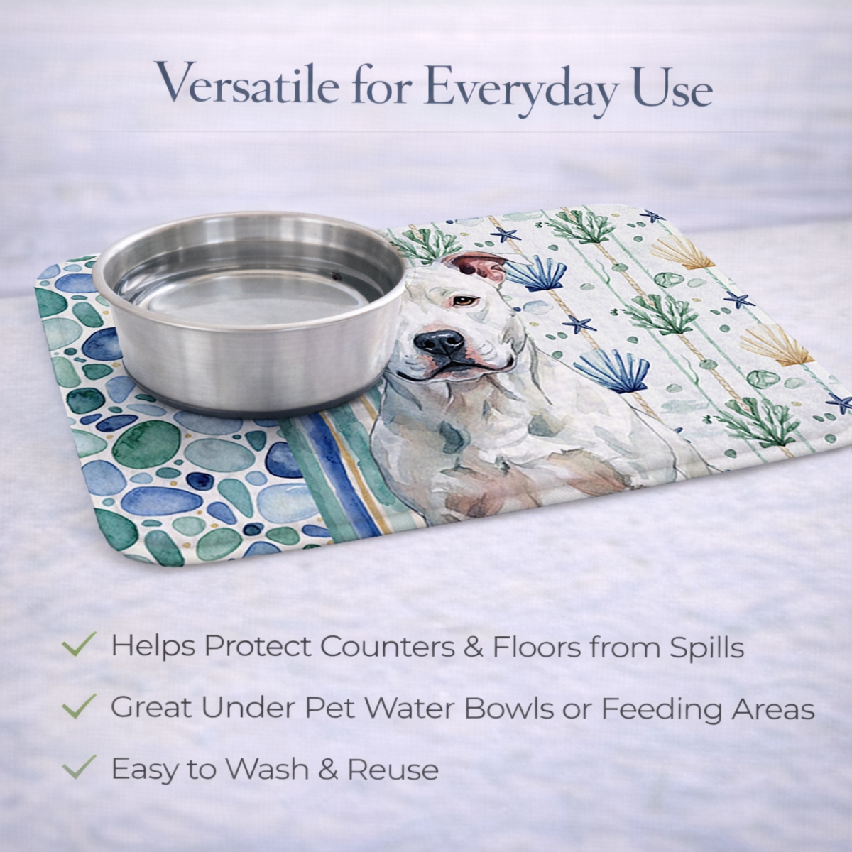 Picture of Carolines Treasures WDK6885DDM 21 x 14 in. White American Staffordshire Terrier Coastal Sea Glass Dish Drying Mat