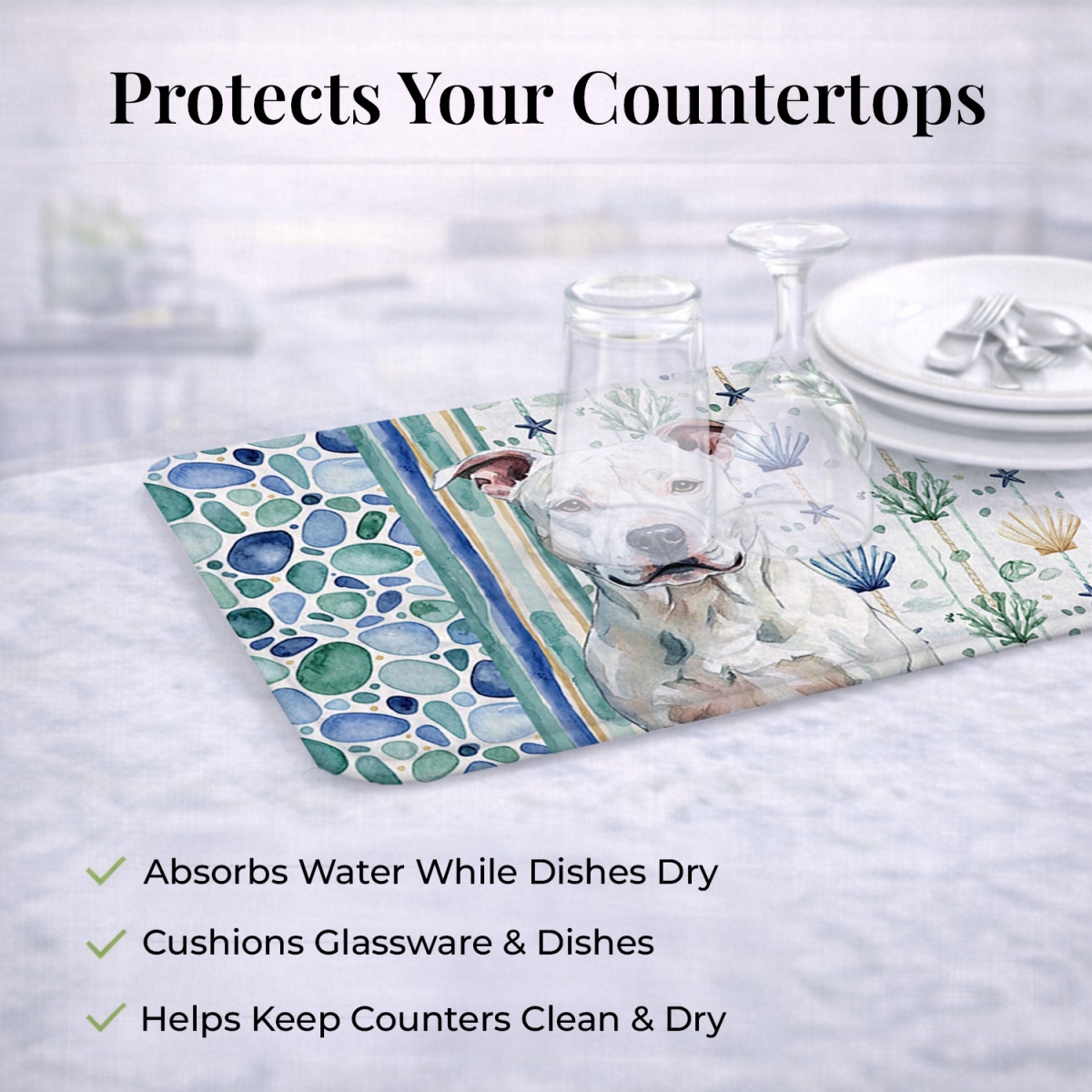 Picture of Carolines Treasures WDK6885DDM 21 x 14 in. White American Staffordshire Terrier Coastal Sea Glass Dish Drying Mat