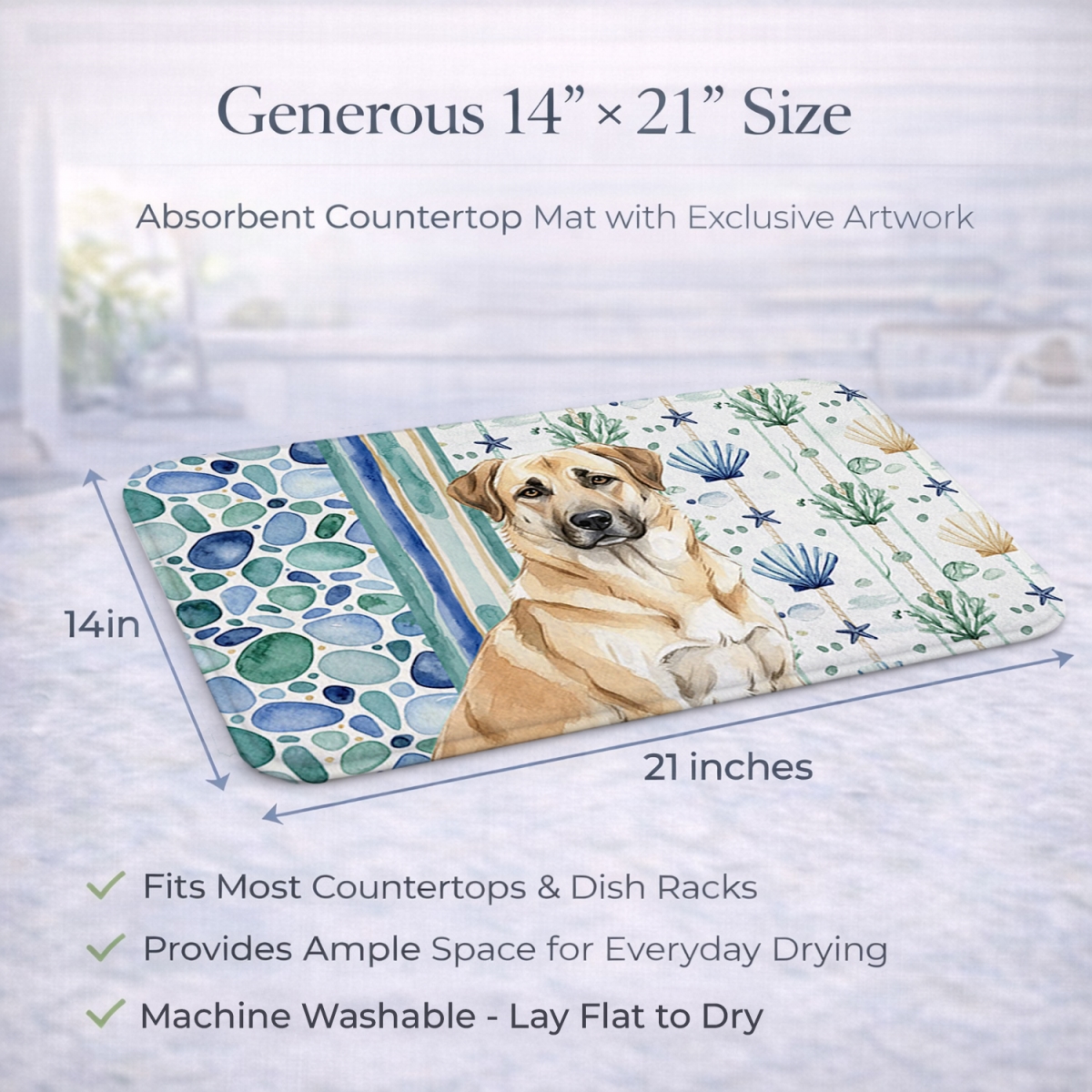 Picture of Carolines Treasures WDK6886DDM 21 x 14 in. Anatolian Shepherd Dog Coastal Sea Glass Dish Drying Mat
