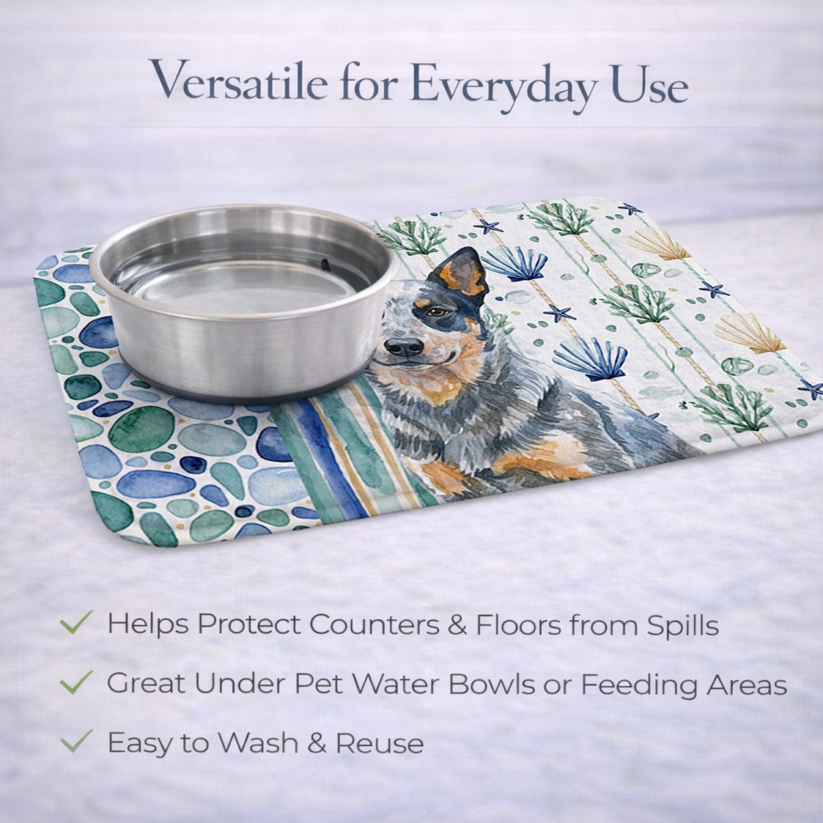 Picture of Carolines Treasures WDK6887DDM 21 x 14 in. Blue Heeler Australian Cattle Dog Coastal Sea Glass Dish Drying Mat