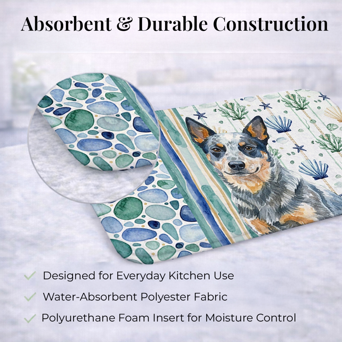 Picture of Carolines Treasures WDK6887DDM 21 x 14 in. Blue Heeler Australian Cattle Dog Coastal Sea Glass Dish Drying Mat