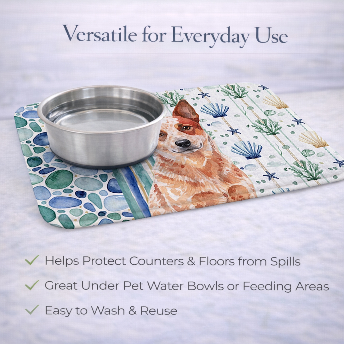 Picture of Carolines Treasures WDK6888DDM 21 x 14 in. Red Heeler Australian Cattle Dog Coastal Sea Glass Dish Drying Mat