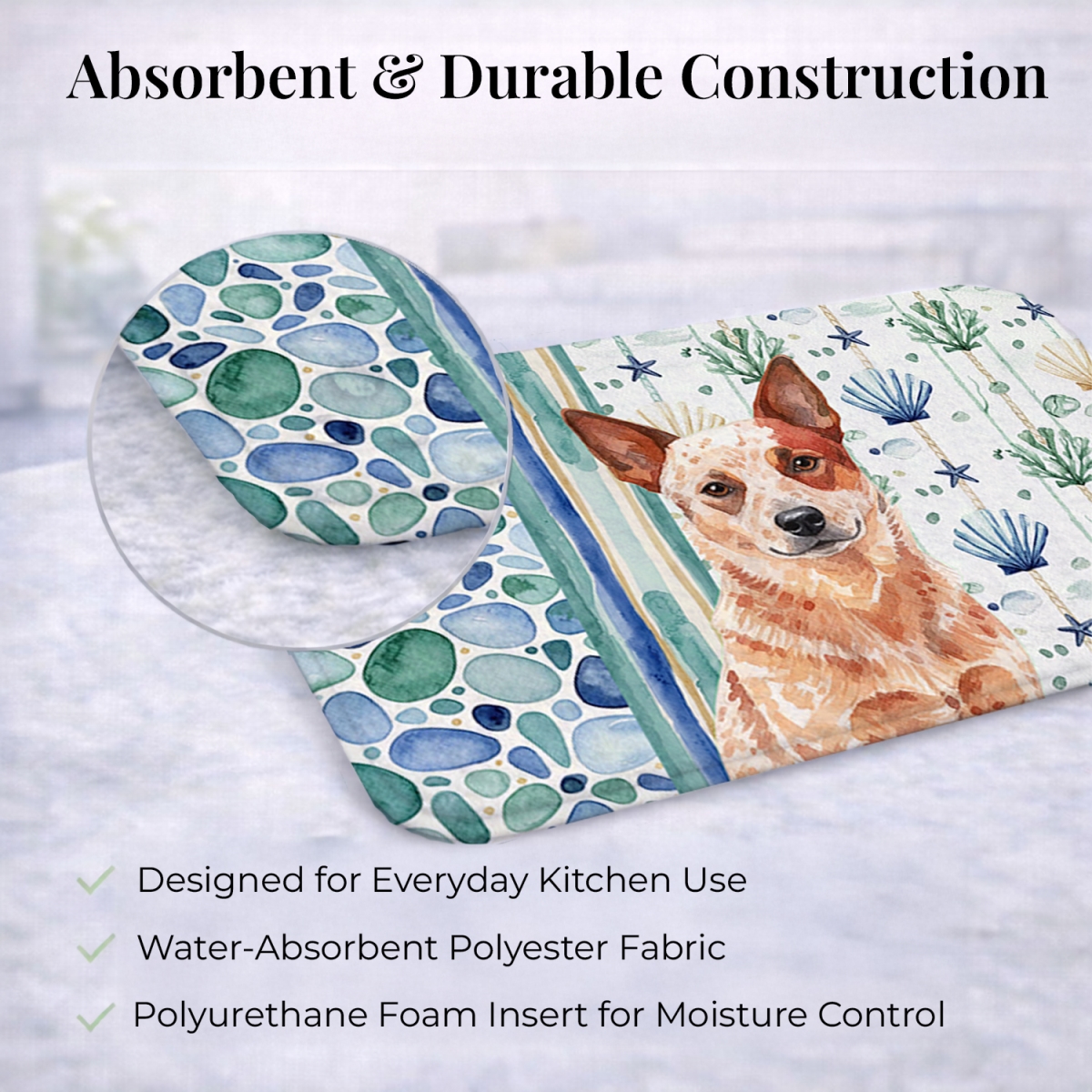 Picture of Carolines Treasures WDK6888DDM 21 x 14 in. Red Heeler Australian Cattle Dog Coastal Sea Glass Dish Drying Mat