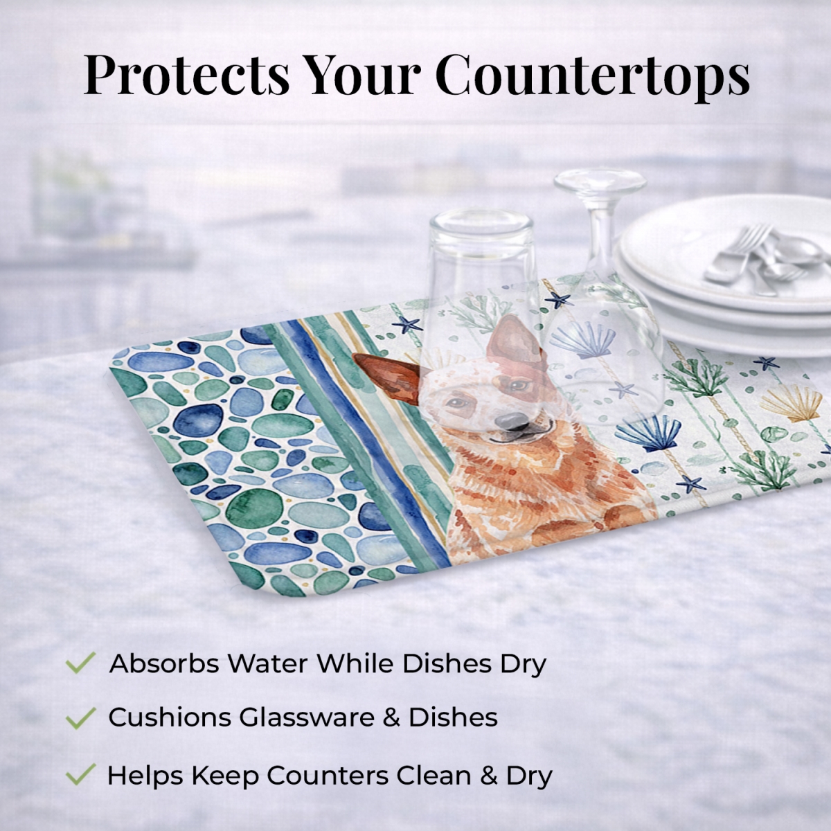 Picture of Carolines Treasures WDK6888DDM 21 x 14 in. Red Heeler Australian Cattle Dog Coastal Sea Glass Dish Drying Mat