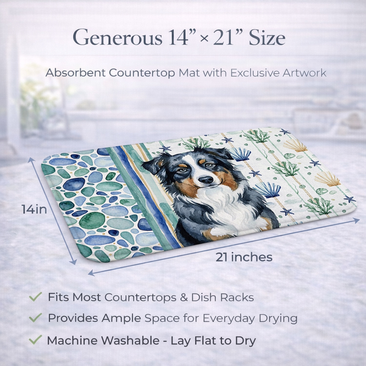 Picture of Carolines Treasures WDK6889DDM 21 x 14 in. Black Australian Shepherd Coastal Sea Glass Dish Drying Mat