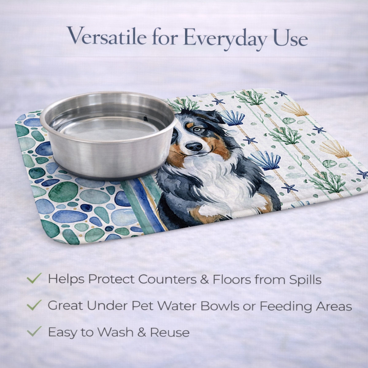 Picture of Carolines Treasures WDK6889DDM 21 x 14 in. Black Australian Shepherd Coastal Sea Glass Dish Drying Mat